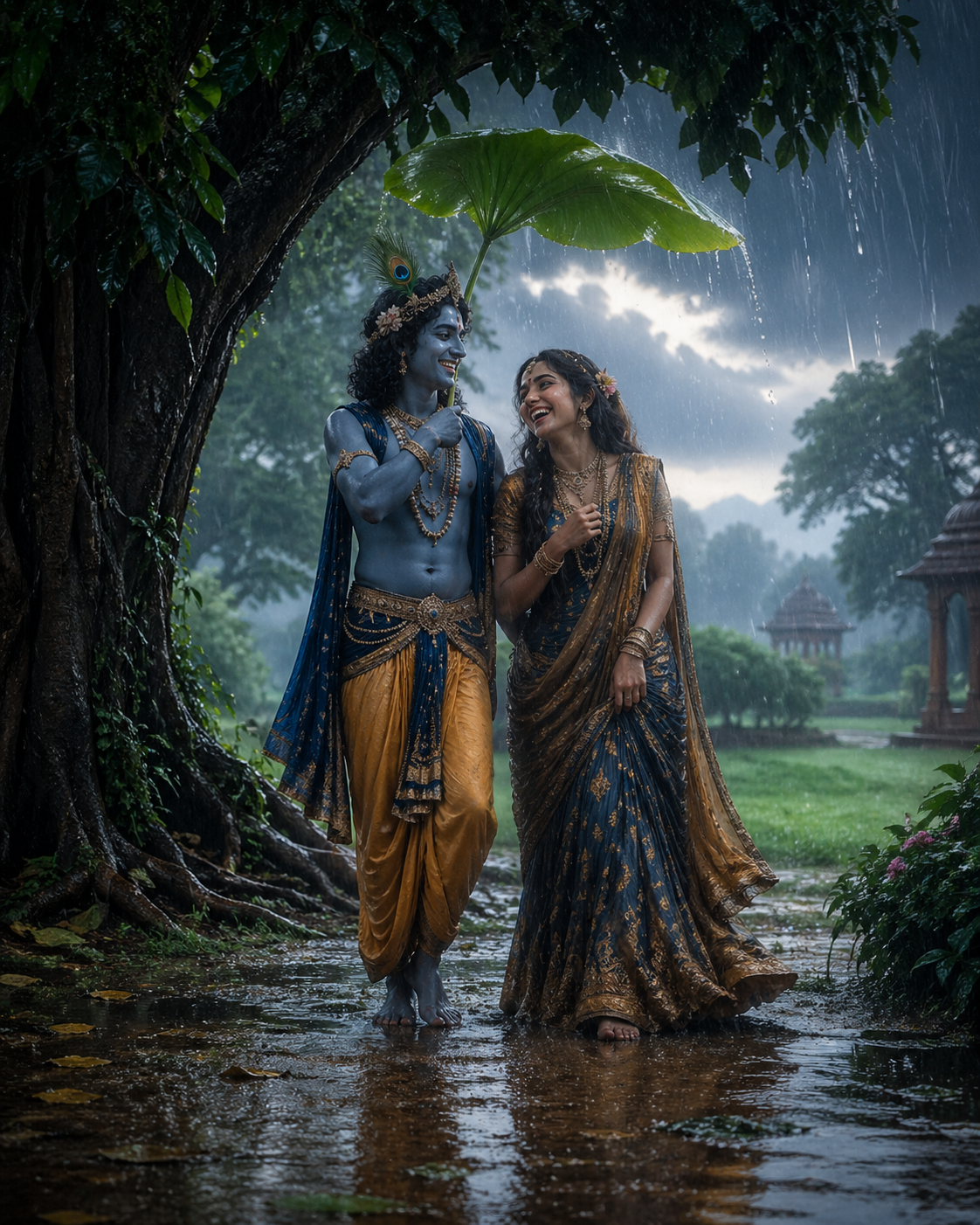 Krishna sheltering Radha under lotus leaf in heavy rain with both laughing joyfully in lush green monsoon setting — HD wallpaper